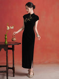Rayna Queenly Black Velvet Cheongsam Dress Embroidered Qipao