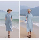 Stella Flowing Linen Embroidered Cheongsam Qipao Dress