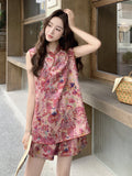 Kendra Jubilant Red Cheongsam Qipao Printed Tank Top Shorts Qipao Set