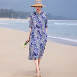 Satin Editorial Ramie Printed Cheongsam Dress Diagonal Collar Qipao