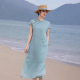Sparkle Luxe Slit Ramie Embroidered Cheongsam Qipao Dress