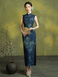 Hollyhock Radiant Navy Blue Cheongsam Dress Frog Buttons Qipao