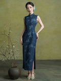 Hollyhock Radiant Navy Blue Cheongsam Dress Frog Buttons Qipao
