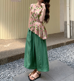Aquamarine 2-Piece Floral Vest Pants Set Cheongsam