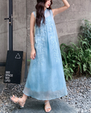 Moonlight Blue Embroidered Cheongsam Dress