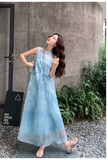Moonlight Blue Embroidered Cheongsam Dress