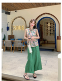 Rosalinda 2-Piece Printed Vest Wide-Leg Pants Cheongsam