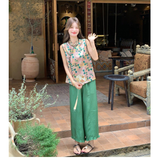 Rosalinda 2-Piece Printed Vest Wide-Leg Pants Cheongsam