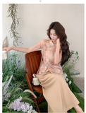 Delphine 2-Piece Floral Print Vest Wide-Leg Pants Cheongsam