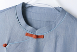 Satin Cloud Blue Linen Cheongsam Dress