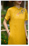 Wilhelmina Crabapple Yellow Ramie Cheongsam Dress