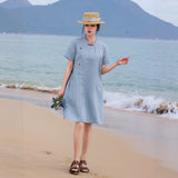 Satin Cloud Blue Linen Cheongsam Dress