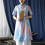 Zircon Floral Print Cotton Cheongsam Dress