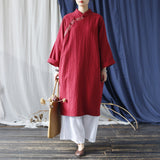 Chloe Wine Floral Cotton Cheongsam Dress