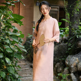 Hibiscus Light Blue Ramie Embroidered Cheongsam Dress