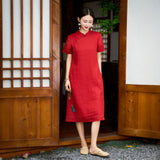 Serenity Crabapple Red Embroidered Cheongsam Dress