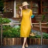 Wilhelmina Crabapple Yellow Ramie Cheongsam Dress