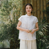 Prelude Pure White Cotton-Linen Cheongsam Top
