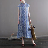 Pyrite Cotton-Linen Blue Print Cheongsam Dress