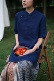 Sunset Linen Navy Cheongsam Top