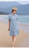 Satin Cloud Blue Linen Cheongsam Dress