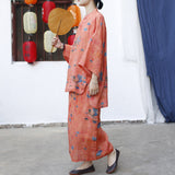 Scepter Ramie Printed Orange Morning Glory Cheongsam Skirt