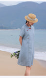 Satin Cloud Blue Linen Cheongsam Dress