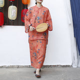 Scepter Ramie Printed Orange Morning Glory Cheongsam Skirt