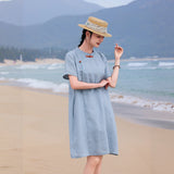 Satin Cloud Blue Linen Cheongsam Dress