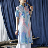 Zircon Floral Print Cotton Cheongsam Dress