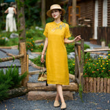 Wilhelmina Crabapple Yellow Ramie Cheongsam Dress