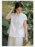 Prelude Pure White Cotton-Linen Cheongsam Top