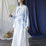 Annabella Blue Bamboo Leaf Long Cheongsam Cardigan