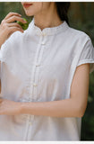 Prelude Pure White Cotton-Linen Cheongsam Top