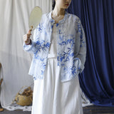 Annabella Blue Bamboo Leaf Long Cheongsam Cardigan