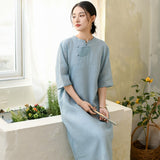 Hibiscus Light Blue Ramie Embroidered Cheongsam Dress