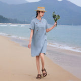 Satin Cloud Blue Linen Cheongsam Dress