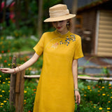 Wilhelmina Crabapple Yellow Ramie Cheongsam Dress