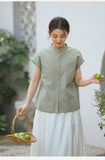 Prelude Pure White Cotton-Linen Cheongsam Top