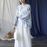 Annabella Blue Bamboo Leaf Long Cheongsam Cardigan