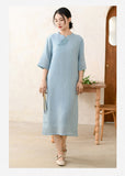 Hibiscus Light Blue Ramie Embroidered Cheongsam Dress
