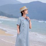 Satin Cloud Blue Linen Cheongsam Dress