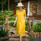 Wilhelmina Crabapple Yellow Ramie Cheongsam Dress