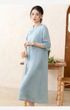 Hibiscus Light Blue Ramie Embroidered Cheongsam Dress