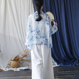 Annabella Blue Bamboo Leaf Long Cheongsam Cardigan