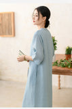 Hibiscus Light Blue Ramie Embroidered Cheongsam Dress