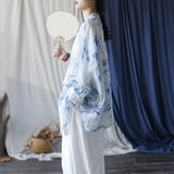 Annabella Blue Bamboo Leaf Long Cheongsam Cardigan