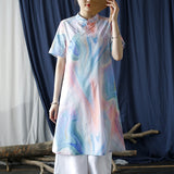 Zircon Floral Print Cotton Cheongsam Dress