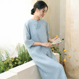 Hibiscus Light Blue Ramie Embroidered Cheongsam Dress