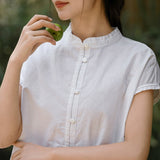 Prelude Pure White Cotton-Linen Cheongsam Top